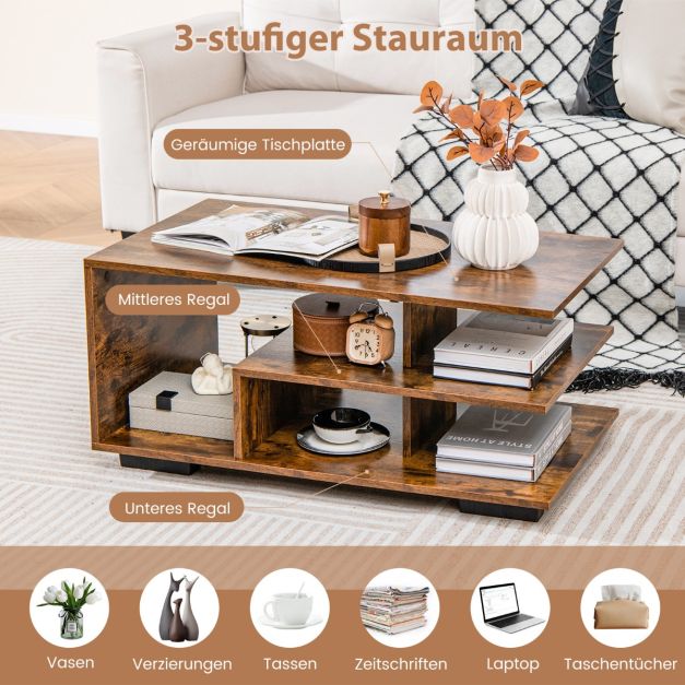 Coast Salontafel met 3 Niveaus – 90 x 50 x 42 cm – Naturel/Wit of Rustiek Bruin