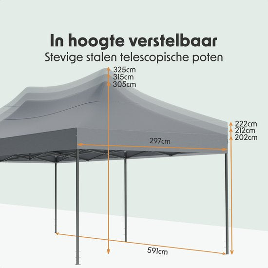 LifeGoods Partytent - Paviljoen - Easy Up - Opvouwbaar - Waterdicht - Met Draagtas Met Wieltjes - 300 x 600 cm - Donkergrijs