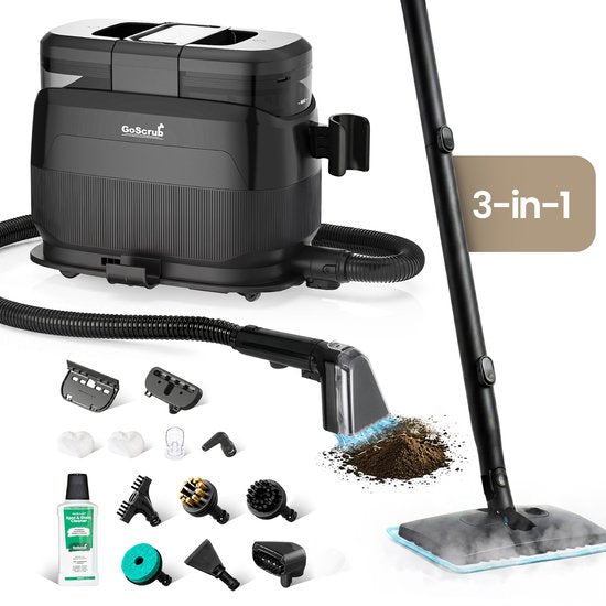 GoScrub® 3-in-1 Tapijtreiniger PRO met Vloermop - Stoomreiniger en Vlekkenreiniger Bank & Tapijt – 100° Stoom – Bankreiniger – Meubelreiniger - Zetelreiniger