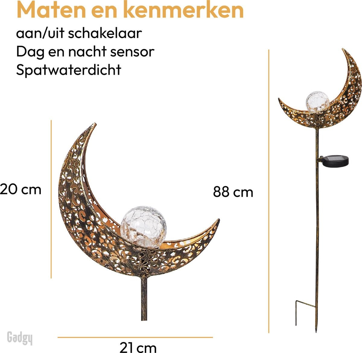 Gadgy Solar Maan Lamp met grondspies - Set van 2 st. - LED met Sensor - 88 cm hoog - Brons - Metaal