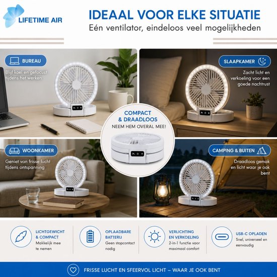 Lifetime Air Tafelventilator Oplaadbaar - Mini USB Ventilator 1200mAh - 5 Snelheden En LED Display - 21x20,5x23cm - Wit