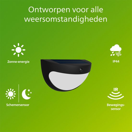 Philips Swyn Solar wandlamp - Zonne-energie - Warmwit licht: 2700K - Zwart - Twee lichtstanden - Schemersensor - Bewegingssensor - IP44: weerbestendig - Solar buitenverlichting