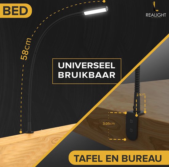 Realight Leeslampjes - 2 Stuks - Dimbaar - Touchbediening - 58 cm - 2700K - Zwart