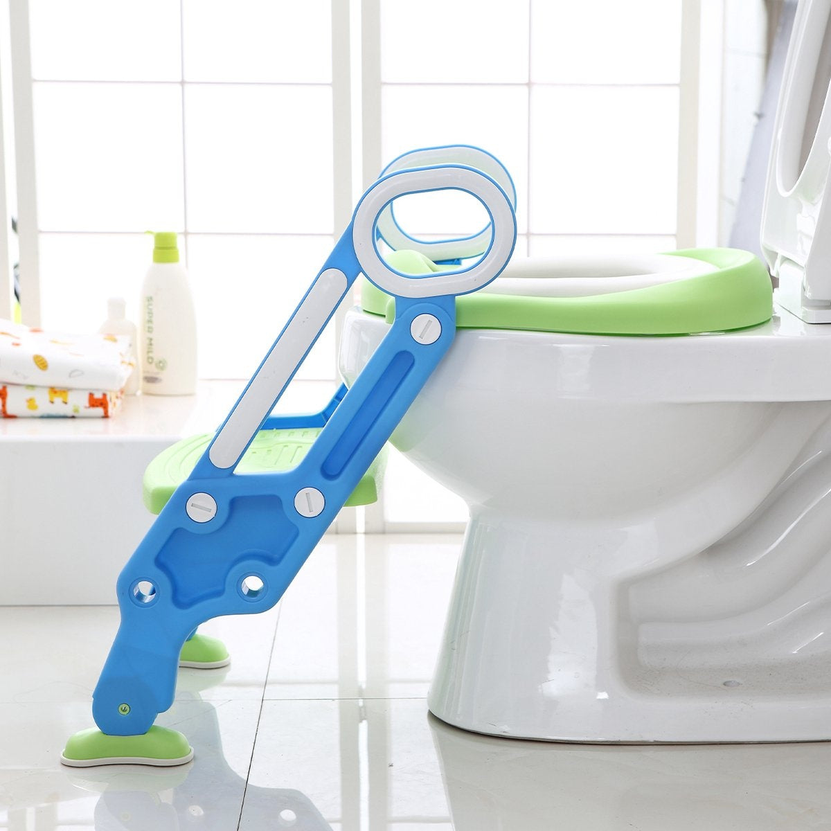 LifeGoods WC Verkleiner met Trapje - Toilettrainer met Opstapje - Potje peuter - 2 tot 7 Jaar - Groen/Blauw