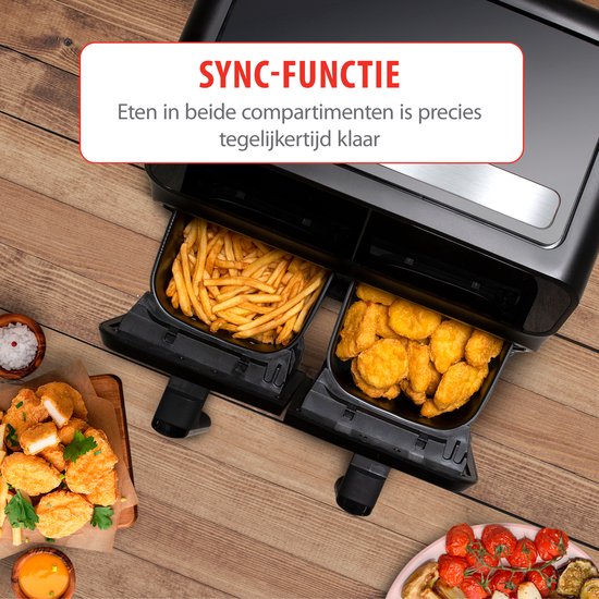 alpina Dubbele Airfryer XL 8L - Heteluchtfriteuse voor 4 tot 8 Personen - Inhoud 2x4L - Digitaal Display - Air Fryer 1700 W - Sync Finish Functie - Zwart
