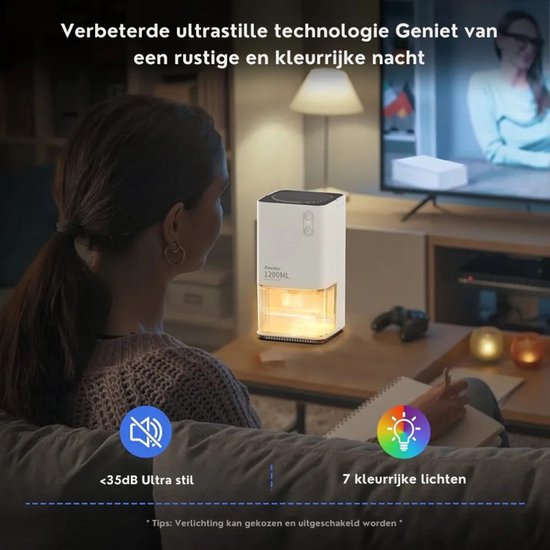 Elektrische Luchtontvochtiger, Draagbare Stille Ontvochtiger, Verwijdert Vocht Automatisch Voor Kantoor, Slaapkamer, Badkamer, Kast, Caravan – Met Gekleurd Nachtlampje, Wit
