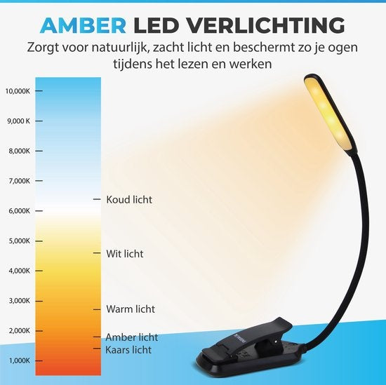 Tikkens LED Leeslampje voor Boek - Nachtkastje Leeslamp voor in bed - Boeklamp USB Oplaadbaar met Klem - Boeklampje met 3 Lichtstanden