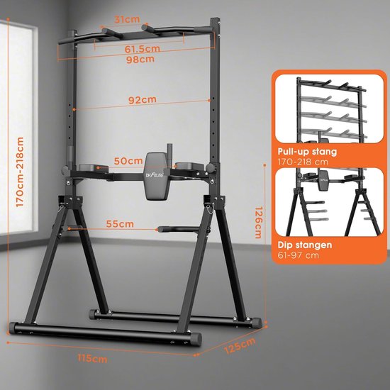 DH FitLife Opvouwbare Power Tower Dip Station tot 210 kg | Vrijstaande Optrekstang met Dipbars en Rugtrainer | Krachtstation Krachttoren