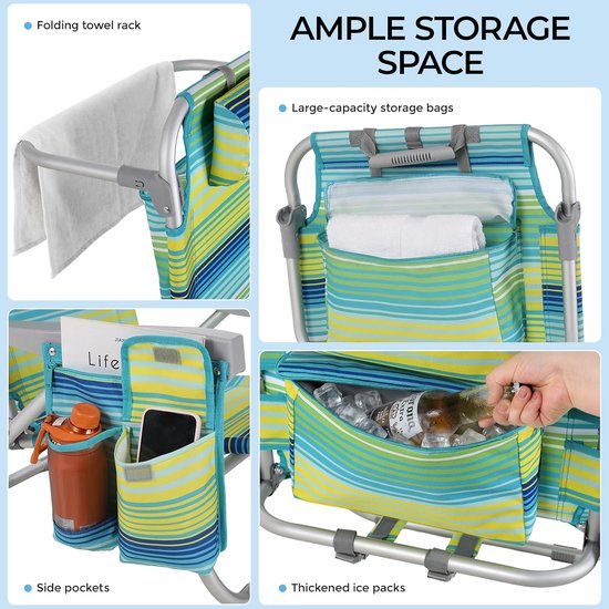 Luxe Strandstoel Set van 2 - Verstelbaar (5 Standen) - Inklapbaar met Rugzakbanden, Koeltas & Handdoekrek - Groen/Blauw Gestreept
