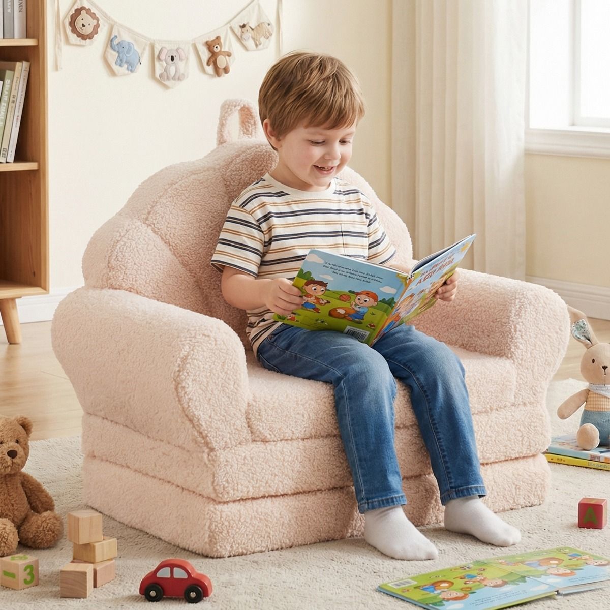 Coast Opklapbare Kinderbank - 2-in-1 Fauteuil en Ligbed - Teddyfluweel - Beige/Roze