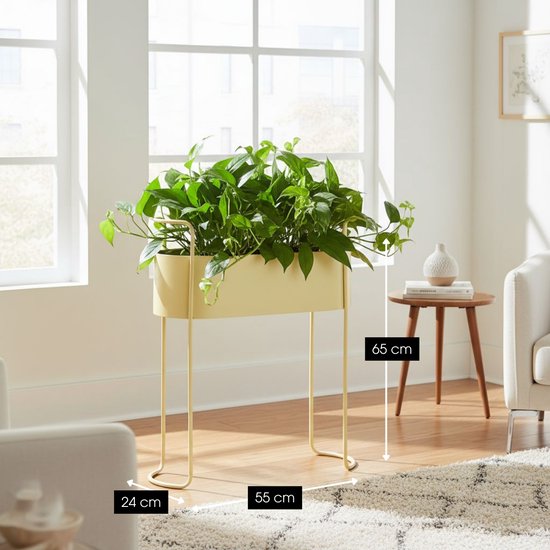 Mica Decorations Moritz Bloempot op Standaard - Plantenpot L55 x B24 x H65 cm - Plantenstandaard op IJzer - Bloempot Binnen of Buiten - Beige
