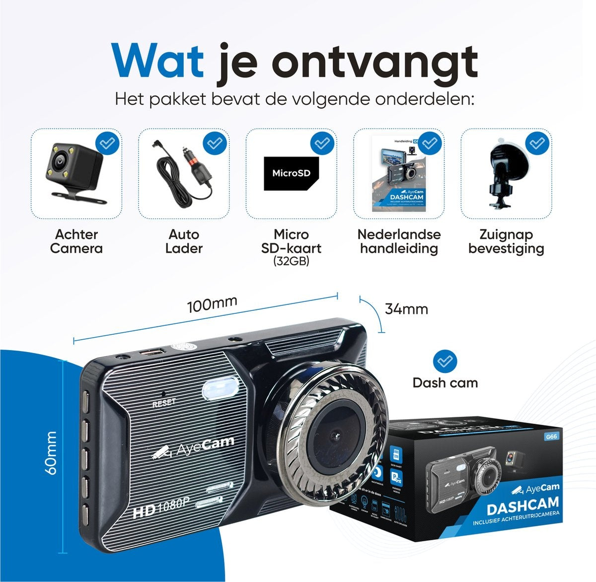 AyeCam Dashcam Pro – Dashcam voor Auto voor en Achter - FULL HD & Nachtvisie – G-Sensor - Incl. 32GB SD