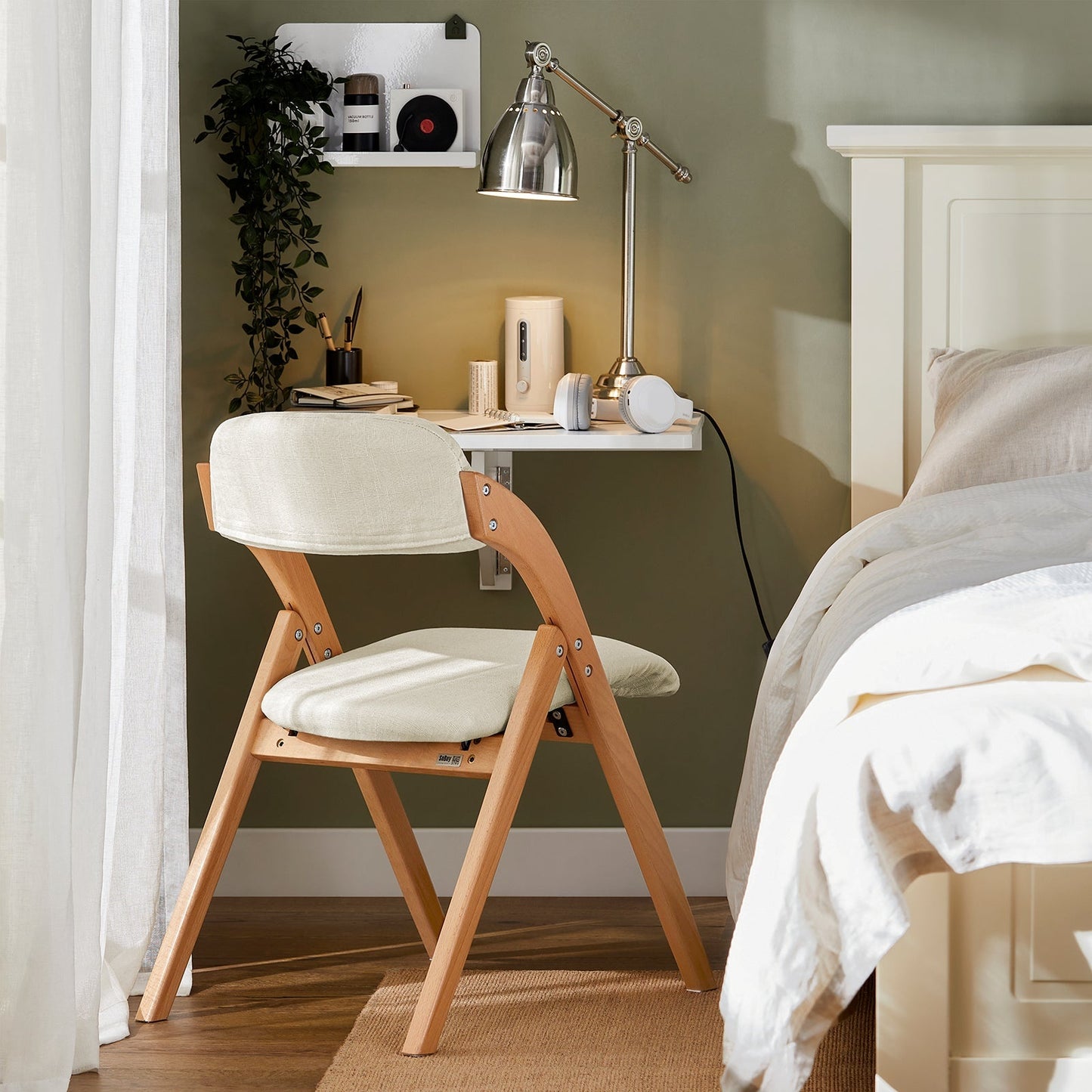 SoBuy Houten Klapstoel met Gestoffeerde Zitting - 47x57x79 cm - Beukenhout - Wit