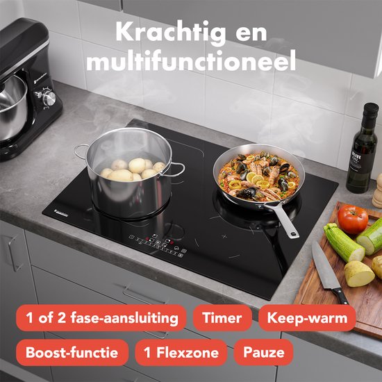 KitchenBrothers - Inductiekookplaat Inbouw - 70 cm - 4 Kookzones (2800W Per Zone) - Flex-zone & Turbo Boost - Glas & Keramiek - Zwart