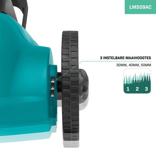 VONROC Mini Elektrische Grasmaaier – 350W – 22 cm – Maaien en mulchen in één - Drie instelbare maaihoogtes: 30mm, 40mm, 50mm – Incl. reinigingstool