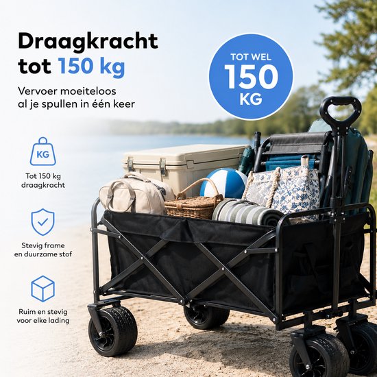 Bolderkar Opvouwbaar - Inklapbare Bolderwagen 150 kg - Handkar Booschappen - Strandkar - Bolderkar Kinderenvervoer - Beachwagon - Bolderwagen Kinderen - Handcart - Tuinkar - Strand & Festival Trolley - Bolderkarren - Transportkar - Zwart - Silvergear