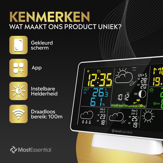 MostEssential Weerstation Wifi Edition - Plug & Play Installatie - Draadloos - Weerstation met Buitensensor - Hygrometer - Binnen en Buiten - 150 Meter Bereik - Inclusief App - Wit - 1 sensor