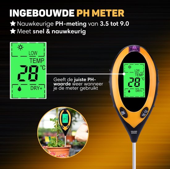 Vulpes Goods® Vochtmeter voor Planten - 4-in-1 - Vochtigheidsmeter - Binnen en Buiten - Hygrometer voor Kamerplanten - - pH, Lichtmeter, Temperatuurmeter en Vochtigheidsmeter - Vochtmeter Grond - PRO versie - Incl. Batterij