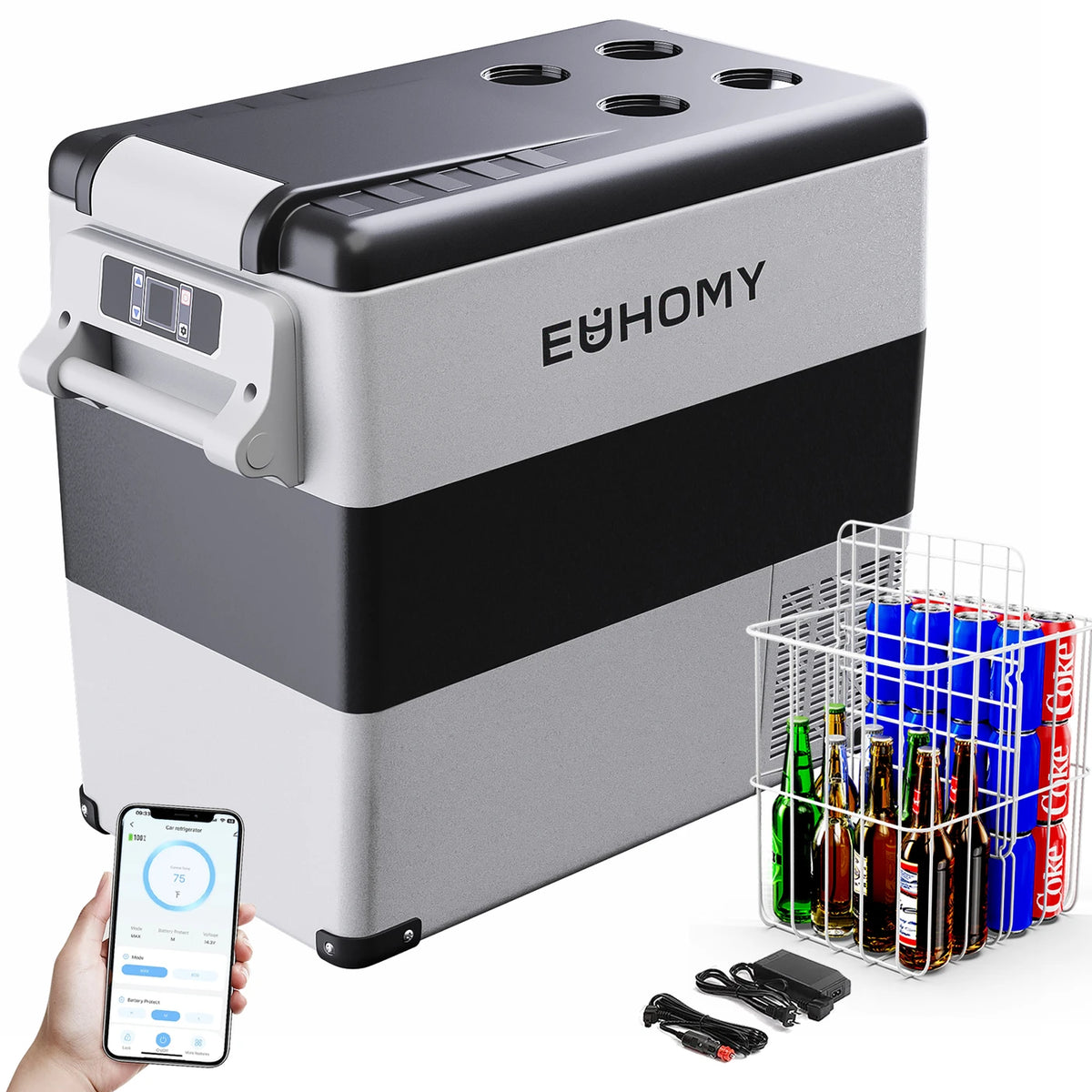 Euhomy Compressor Koelbox 49,4 Liter - 2 Compartimenten - Koelen en Vriezen -20 tot 20 °C - 12/24 V en 230 V - Bediening via App
