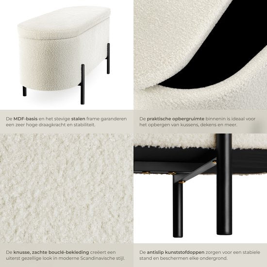 tectake® Zitbank met opbergruimte - Gestoffeerde opbergbox - Zitkist met opbergruimte, gestoffeerd - Bouclé-stof in Scandi-stijl - 97x36x42cm - cremewit