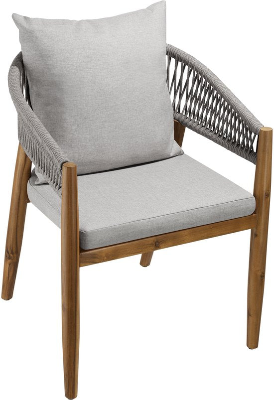 tectake® Set van 2 Tuinstoelen Manacor - Tuinstoel in Rope-Design - Balkonset - Weerbestendige Buitenstoel van Gelakt Acaciahout - Grijs/Beige - Stoelen voor Tuin, Balkon, Terras