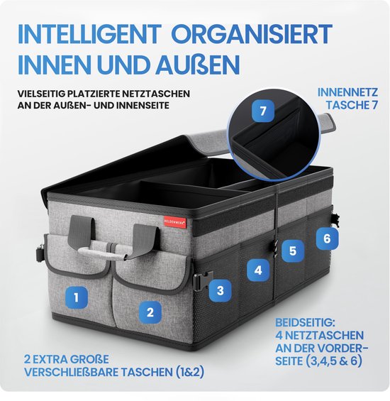 HELDENWERK Premium kofferbak organizer met deksel, stevig & antislip - Opvouwbare kofferbaktas, groot met dubbele bodem - Kofferbakbox, kofferbak organizer box