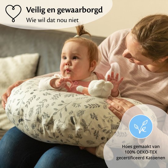 EL-Life Voedingskussen met hoes van 100% katoen - Zwangerschapskussen - Inclusief afneembare en wasbare hoes - Wit met plantjes