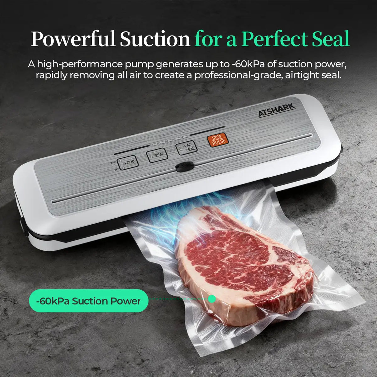 ATSHARK 5-In-1 Vacuum Sealer – High Pressure Touchscreen Design, Fast and Convenient, Includes 50 Vacuum Bags, Ideal for Home Food Preservation, White, VS6621