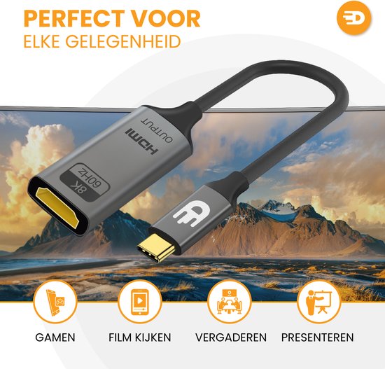 Drivv. USB C naar HDMI Adapter - Ondersteunt 8K 60Hz - Type C naar HDMI - Thunderbolt 3 - Grijs