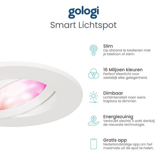 Gologi Slimme Inbouwspots - Smart LED Downlight Dimbaar - Kantelbaar - RGB+CCT Licht - Gu10 LED Lamp - Wit