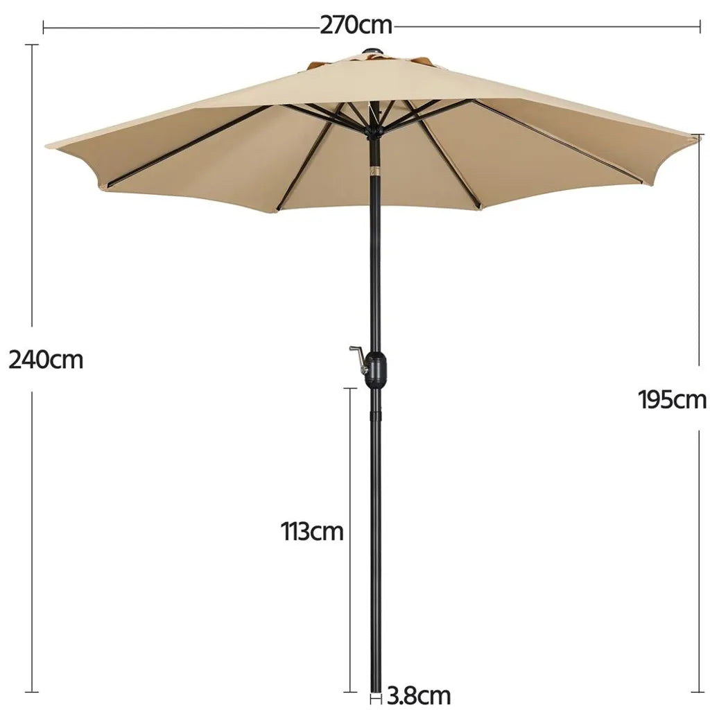 Yaheetech Tuinparasol Ø 270 cm - Lichtbruin - Kantelbare Parasol met Slinger en Ventilatieopening