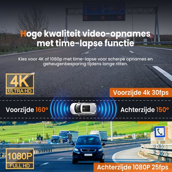 Dashcam voor Auto Voor en Achter - 4K en 64GB - Dual Dashcam - G-sensor en Time-lapse Functie - Zwart - van Faas