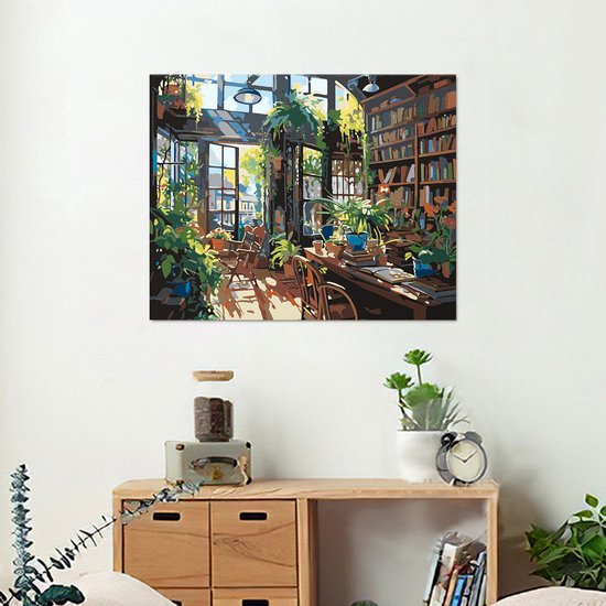 Rubye® Schilderen Op Nummer Volwassenen – Boekenkast – Inclusief Penselen – Canvas Schildersdoek – Kleuren op Nummer – 50x40cm