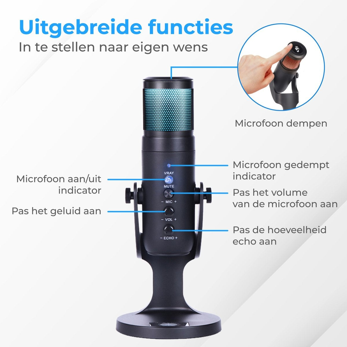 Nuvance - USB Microfoon met Standaard - voor PC en Gaming Microfoon - Streaming Microphone - RGB