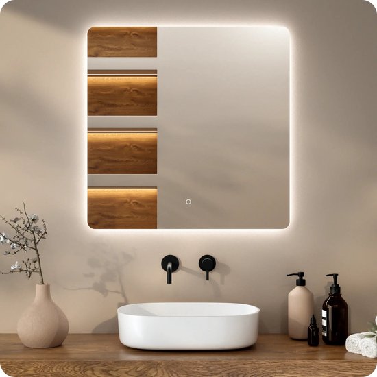 Mirlux Badkamerspiegel met LED Verlichting & Verwarming – Wandspiegel Vierkant – Anti Condens Douchespiegel - Frameloos - 80x80cm