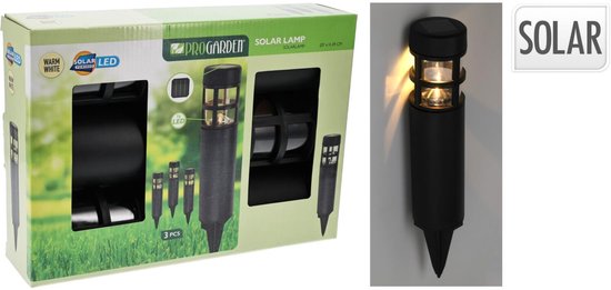 Pro Garden Solar tuinlampen / prikspots - 3x stuks - warm wit licht - 7 x 28 cm - tuinverlichting - tuinlampjes - zwart - kunststof