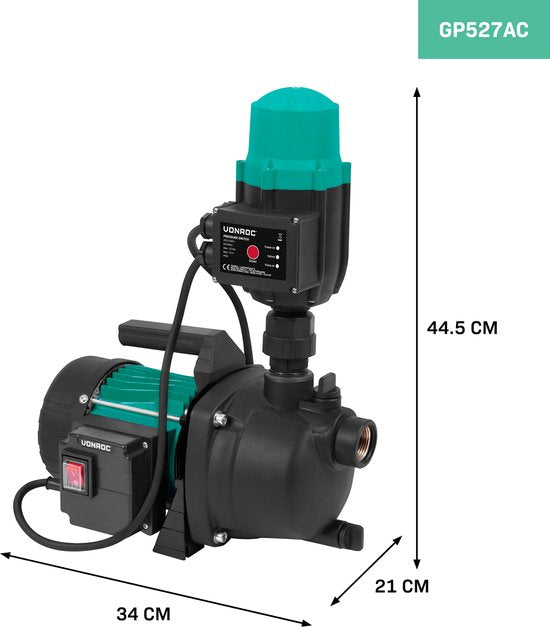 VONROC Hydrofoorpomp / Automatische pomp - 800W - 3300l/h - Met drukschakelaar - Droogloopbeveiliging - Voor besproeien en huishoudwater