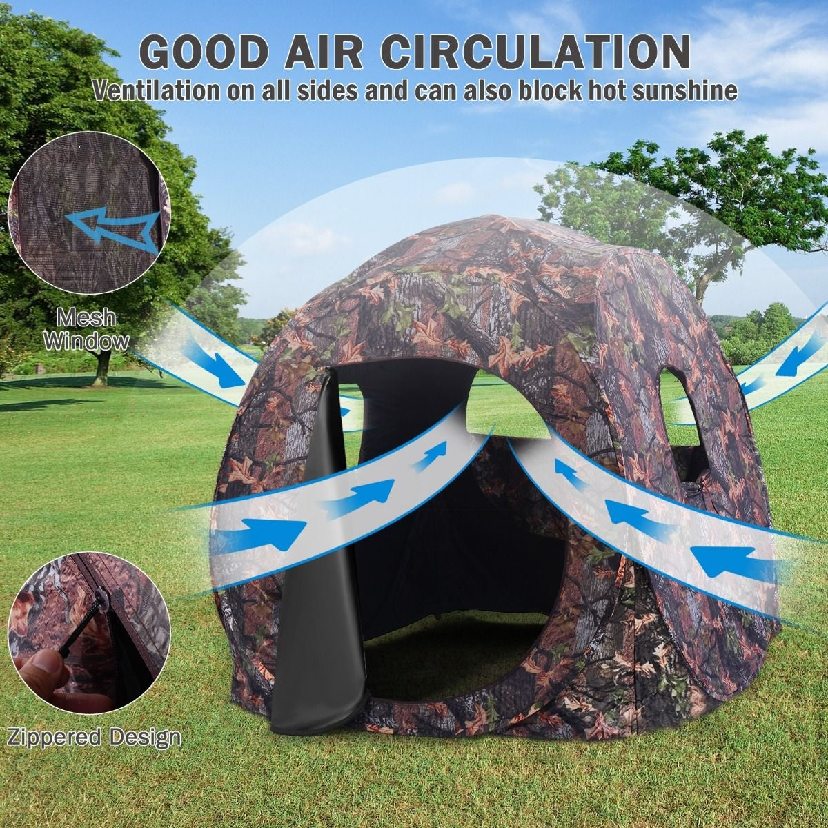 Coast Intrekbaar Jachthok voor 3 Personen Jachttent Stalen Frame Gaasramen Draagtas Spanbanden Grondpennen Camouflage 152 x 152 x 163cm