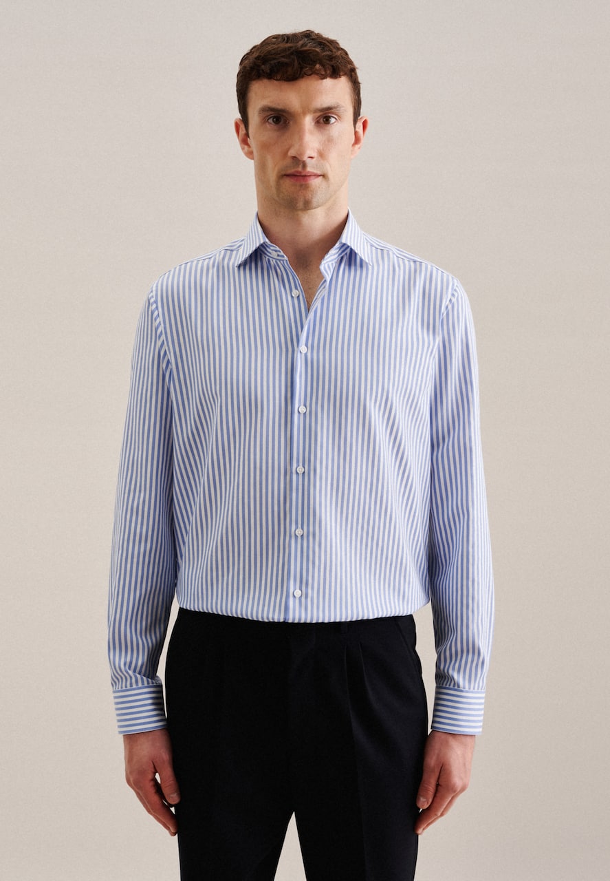 SEIDENSTICKER Regular Fit Zakelijk Overhemd Blauw Denim/Wit, Lange Mouw, Kentkraag - Maat 40