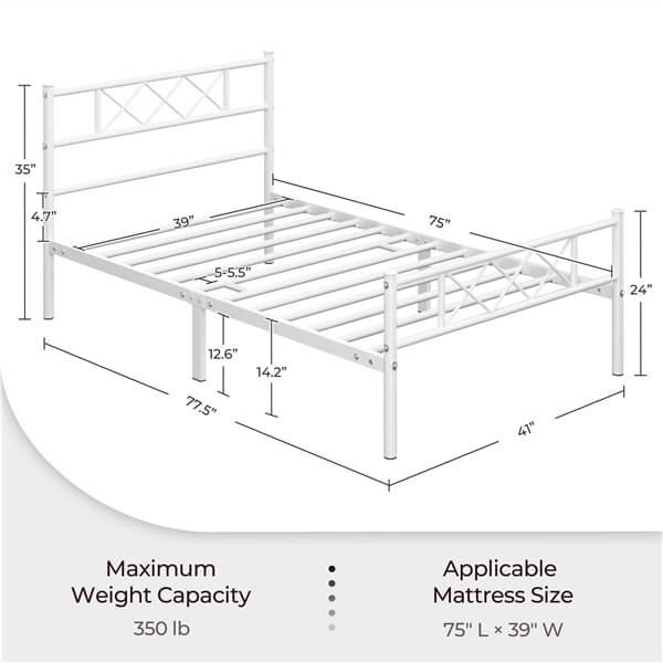 Yaheetech Metalen Bedframe - Met Hoofdbord en Voetbord - 800 lb Draagvermogen - 32 cm Onderbedopslag - Zonder Boxspring