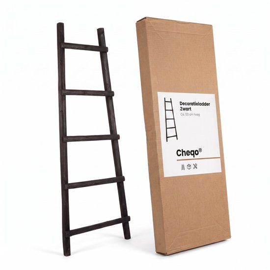Cheqo® Decoratieladder - Handdoekladder - Houten Decoratieladder - Zwarte Decoratieladder - Ladderrek - Handdoekenrek - Sierladder - Badkamer Ladder - Kledingladder - Decoratieve Ladder voor Binnen - Ladder voor Plaids - Woonladder