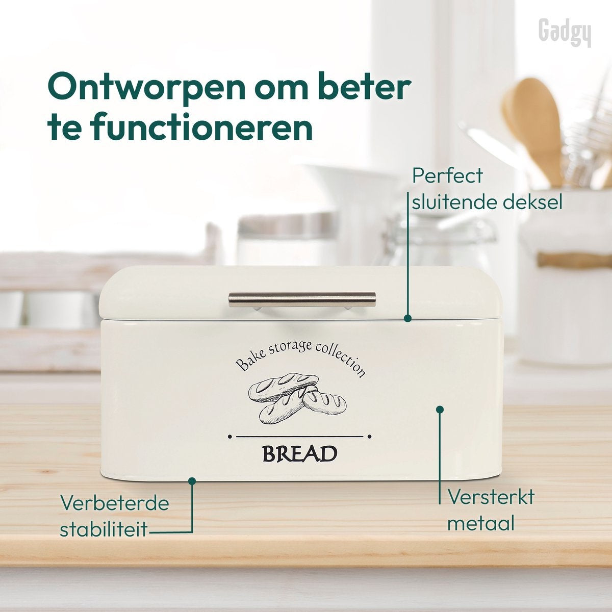 Gadgy Broodtrommel - Met Klepdeksel en Kruimelrek - Brooddoos - Off White - Metaal - Brood Bewaardoos