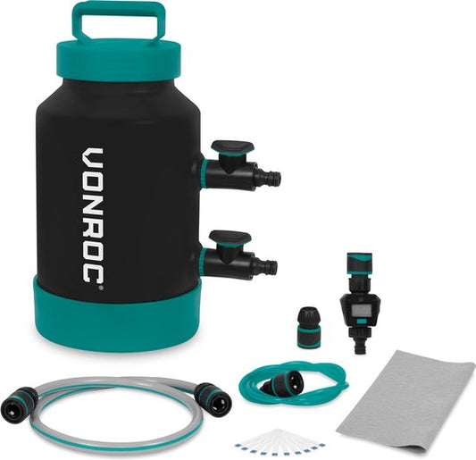VONROC Waterontharder - draagbare ontkalker – onthardt 1000 Liter per regeneratie - Incl. Watermeter, teststrips voor waterhardheid, slangen & koppelingen