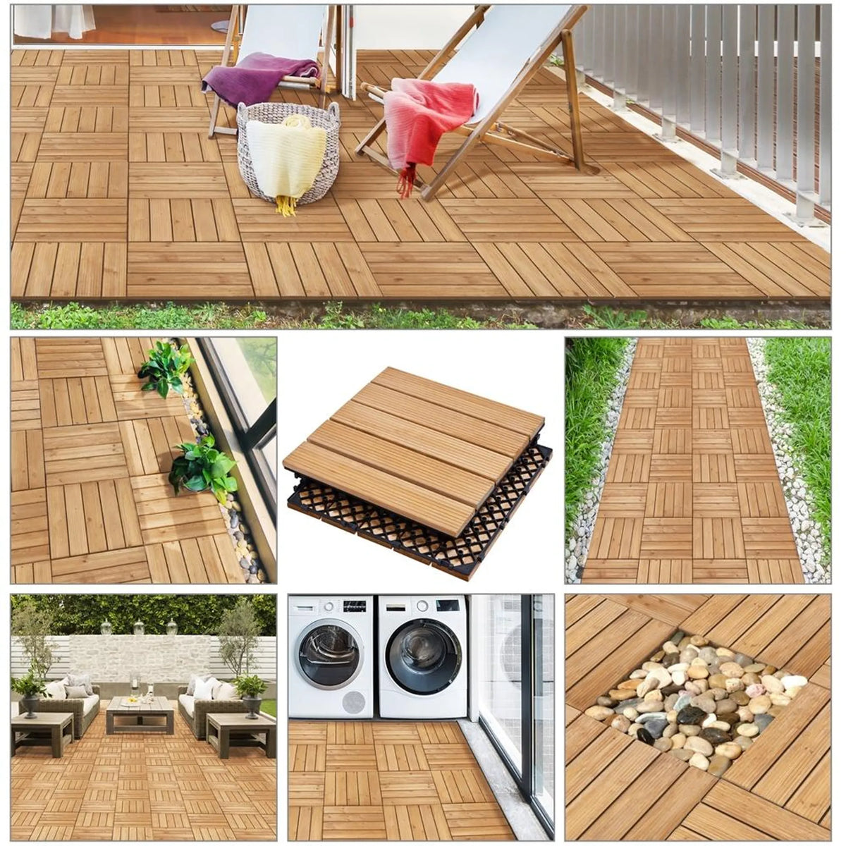 Yaheetech Kliktegels Hout 11 Stuks – 1 m² – Voorzien Van Parallelle Groeven En Verhoogd Drainagesysteem En Eenvoudig Stecksystem – Voor Balkon Terras En Zwembad – Naturel Sparrenhout En PP – 30 x 30 x 2,2 cm