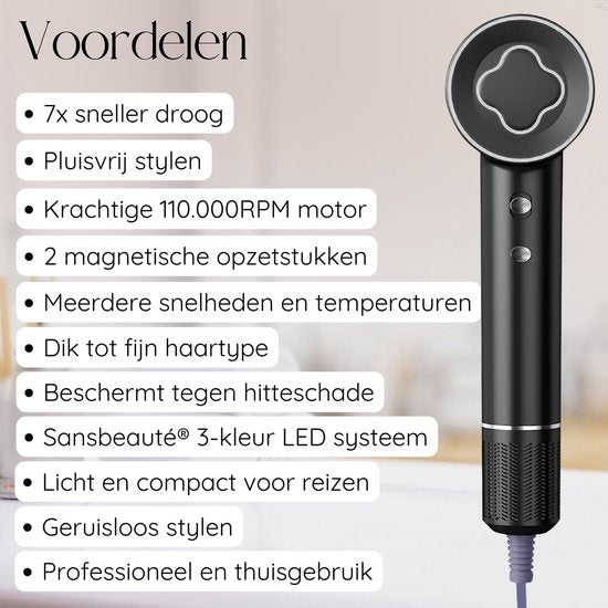 Sansbeauté® Föhn met Diffuser – Krullen – 110.000RPM - Ionische Haardroger met Borstel - 3 Standen - 3 Opzetstukken – Reisföhn - Coolshot – Haarföhn met Diffuser – Hair Dryer - 2000W - EssentiaPRO®