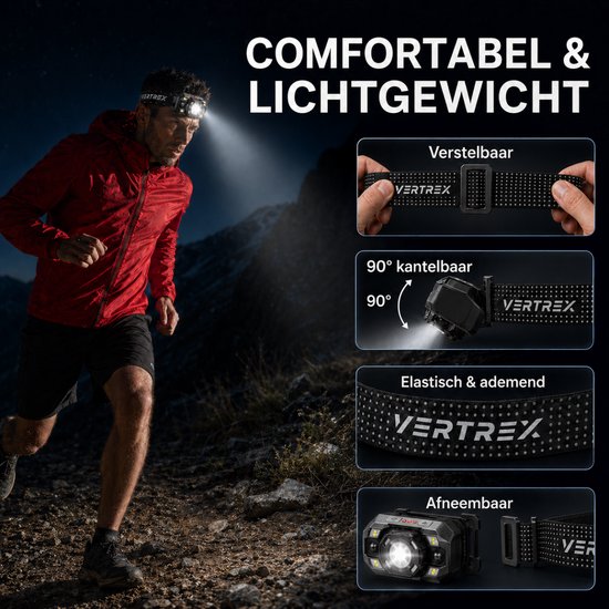 Vertrex Hoofdlamp LED Oplaadbaar - Instelbare Lichtbundel - USB-C - IPX5 - Zwart