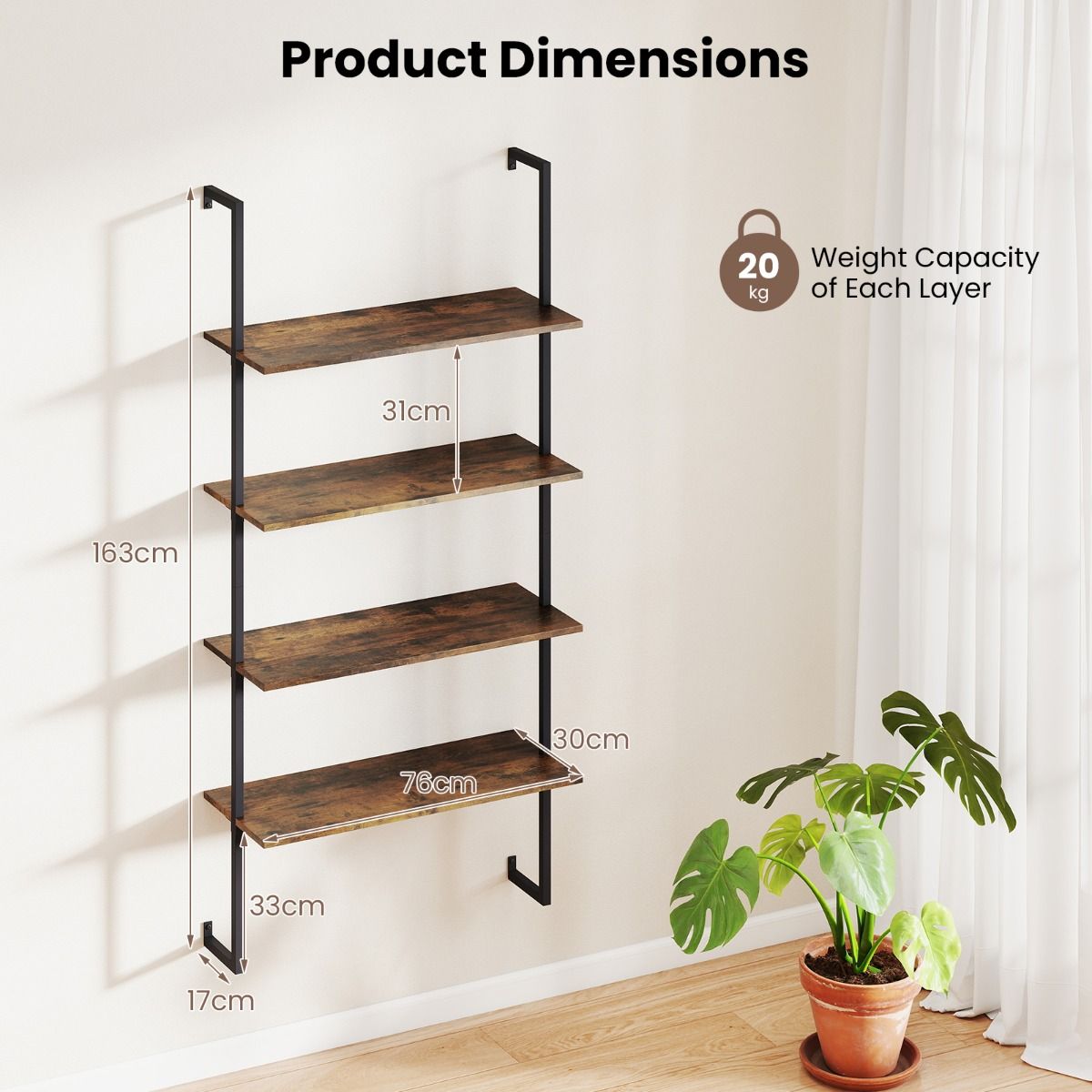 Coast Wandrek met 4 Planken - Zwevend Opbergrek - Metalen Frame - Rustiek bruin en zwart - 76 x 30 x 163 cm