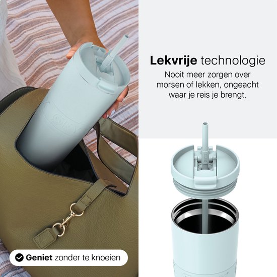 ONYX Drinkfles met Rietje 700ML - Waterfles voor Kinderen & Volwassenen - Thermosbeker RVS Travel Mug - Motiverende Drinkbus - Drinkbeker voor School - Pastel Blue