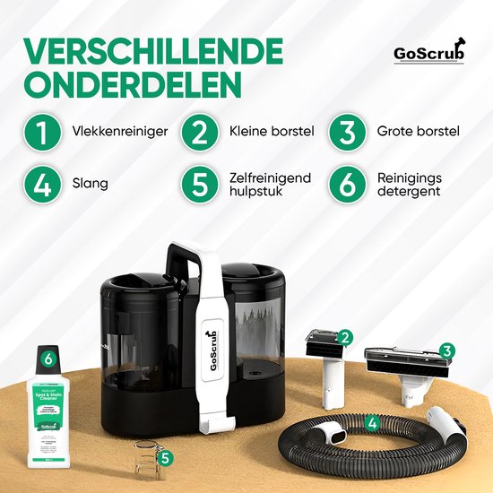GoScrub Tapijtreiniger – Incl. Accessoires & Schoonmaakmiddel – 600 W – 18 x 35 x 30 cm – Zwart/Wit