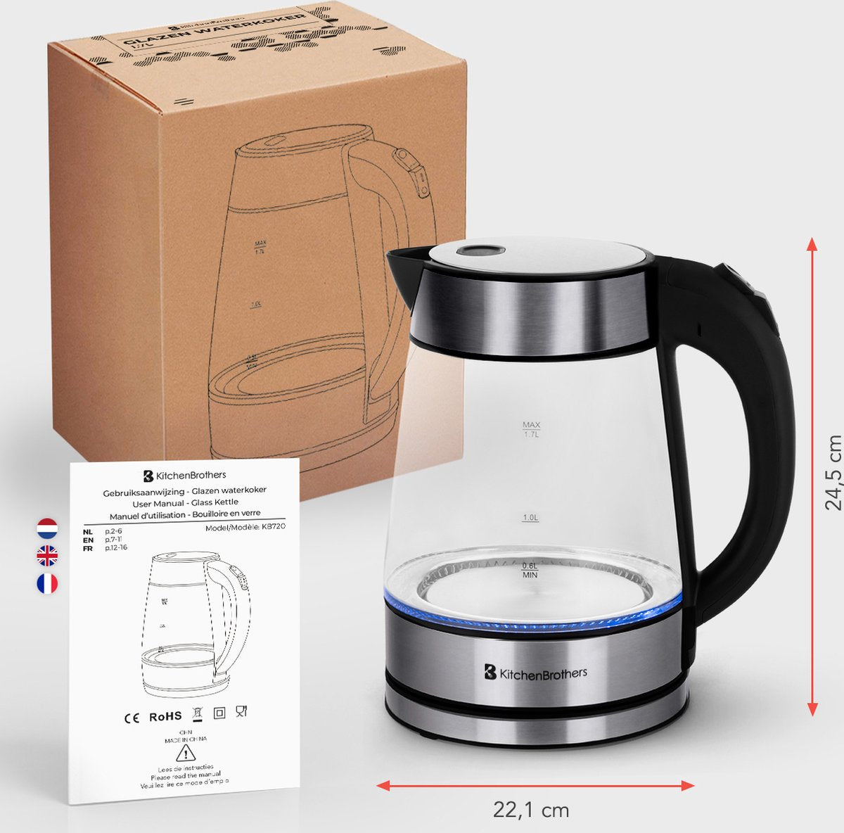 KitchenBrothers Waterkoker - 1.7L - Glas - BPA vrij - 2200W - 24.51x16.04x22.70 cm - Glas|Zonder temperatuurregeling